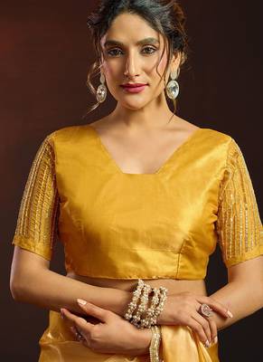 Shaded mustard satin beads work border party wear saree 4