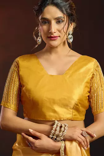 Shaded mustard satin beads work border party wear saree