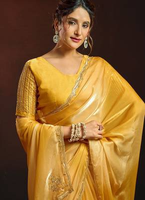 Shaded mustard satin beads work border party wear saree 5
