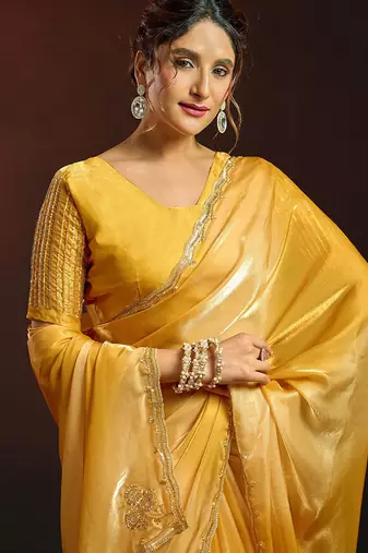 Shaded mustard satin beads work border party wear saree