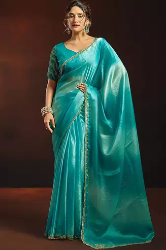 Shaded sky blue satin beads work border party wear saree