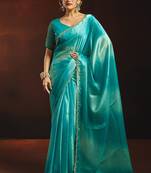 Shaded sky blue satin beads work border party wear saree