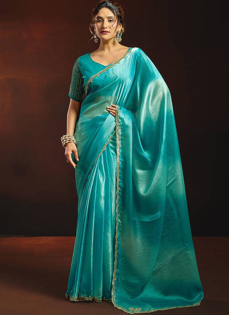 Shaded sky blue satin beads work border party wear saree