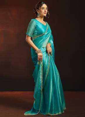 Shaded sky blue satin beads work border party wear saree 2