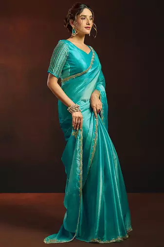 Shaded sky blue satin beads work border party wear saree