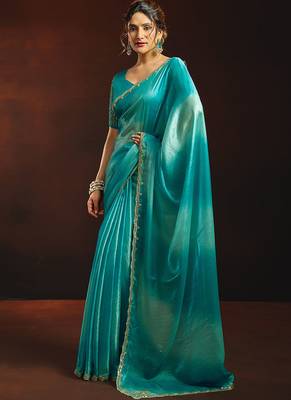 Shaded sky blue satin beads work border party wear saree 3