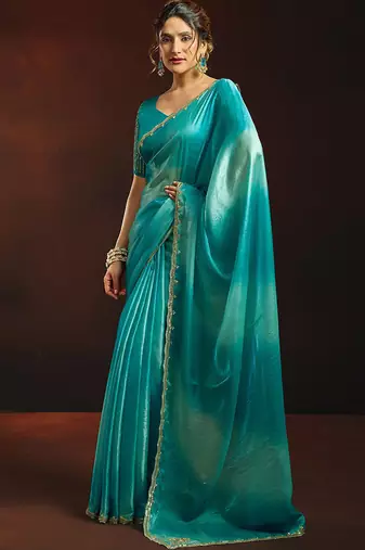 Shaded sky blue satin beads work border party wear saree