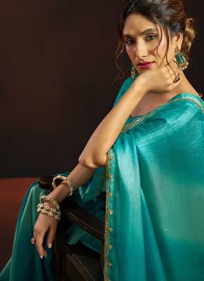 Shaded sky blue satin beads work border party wear saree 4