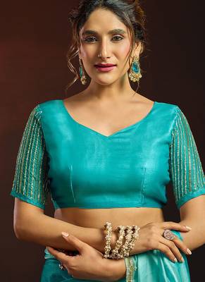 Shaded sky blue satin beads work border party wear saree 5