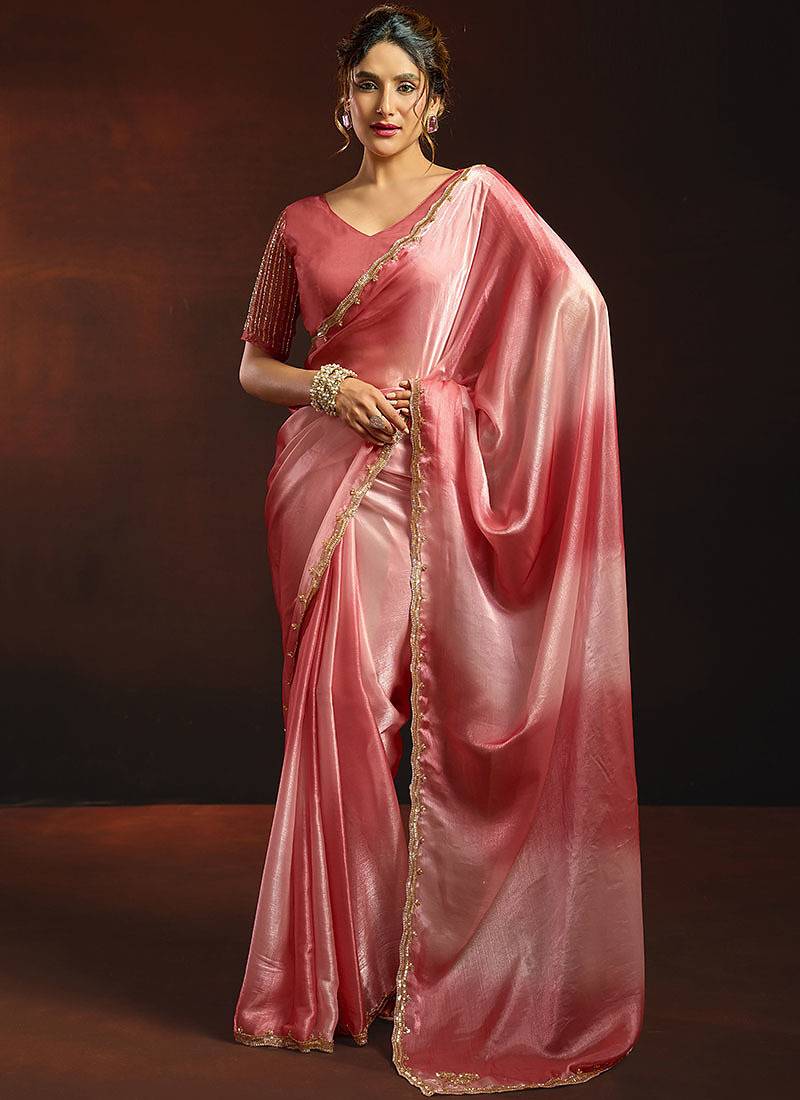 Shaded rose gold satin beads work border party wear saree