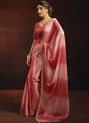 Shaded rose gold satin beads work border party wear saree 2