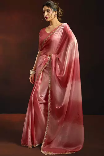 Shaded rose gold satin beads work border party wear saree