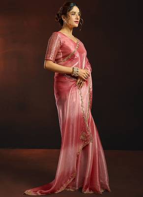 Shaded rose gold satin beads work border party wear saree 3