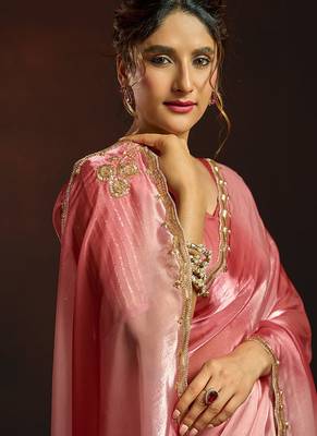 Shaded rose gold satin beads work border party wear saree 5