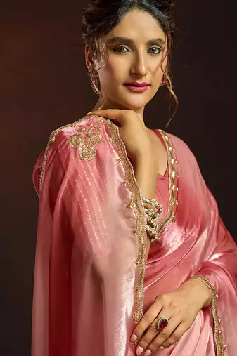 Shaded rose gold satin beads work border party wear saree