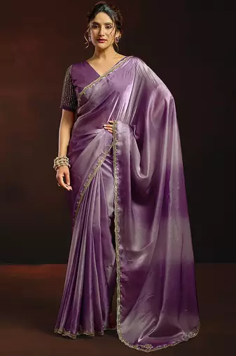 Shaded lavender satin beads work border party wear saree