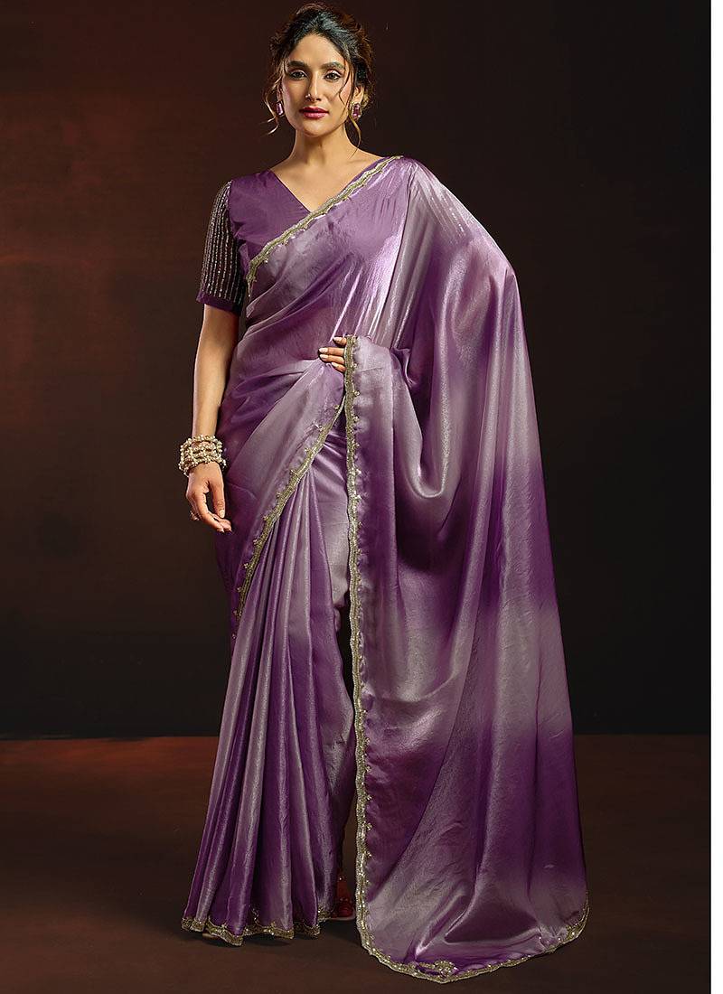 Shaded lavender satin beads work border party wear saree
