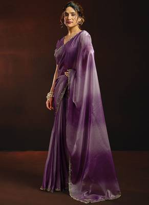 Shaded lavender satin beads work border party wear saree 2