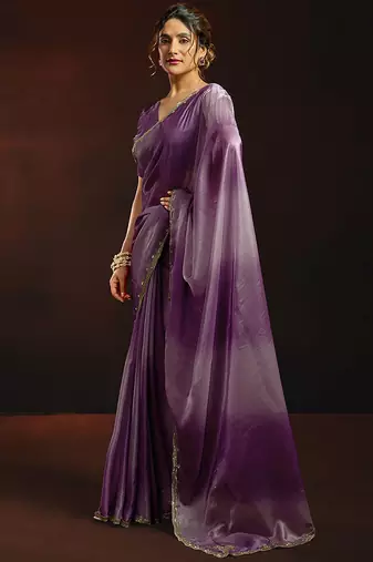 Shaded lavender satin beads work border party wear saree