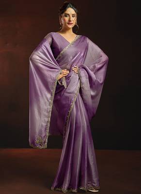 Shaded lavender satin beads work border party wear saree 3
