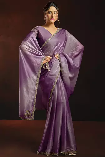 Shaded lavender satin beads work border party wear saree