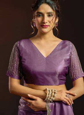 Shaded lavender satin beads work border party wear saree 4