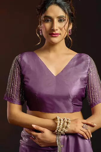Shaded lavender satin beads work border party wear saree