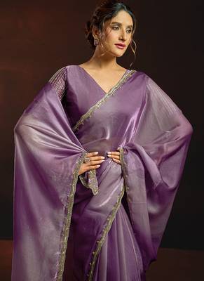 Shaded lavender satin beads work border party wear saree 5