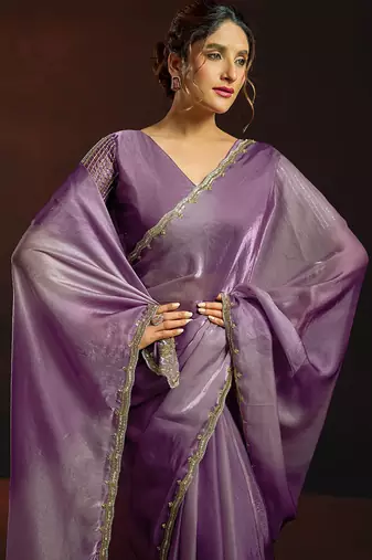 Shaded lavender satin beads work border party wear saree