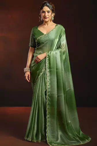 Shaded green satin beads work border party wear saree