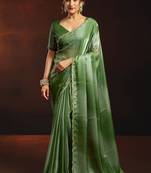 Shaded green satin beads work border party wear saree