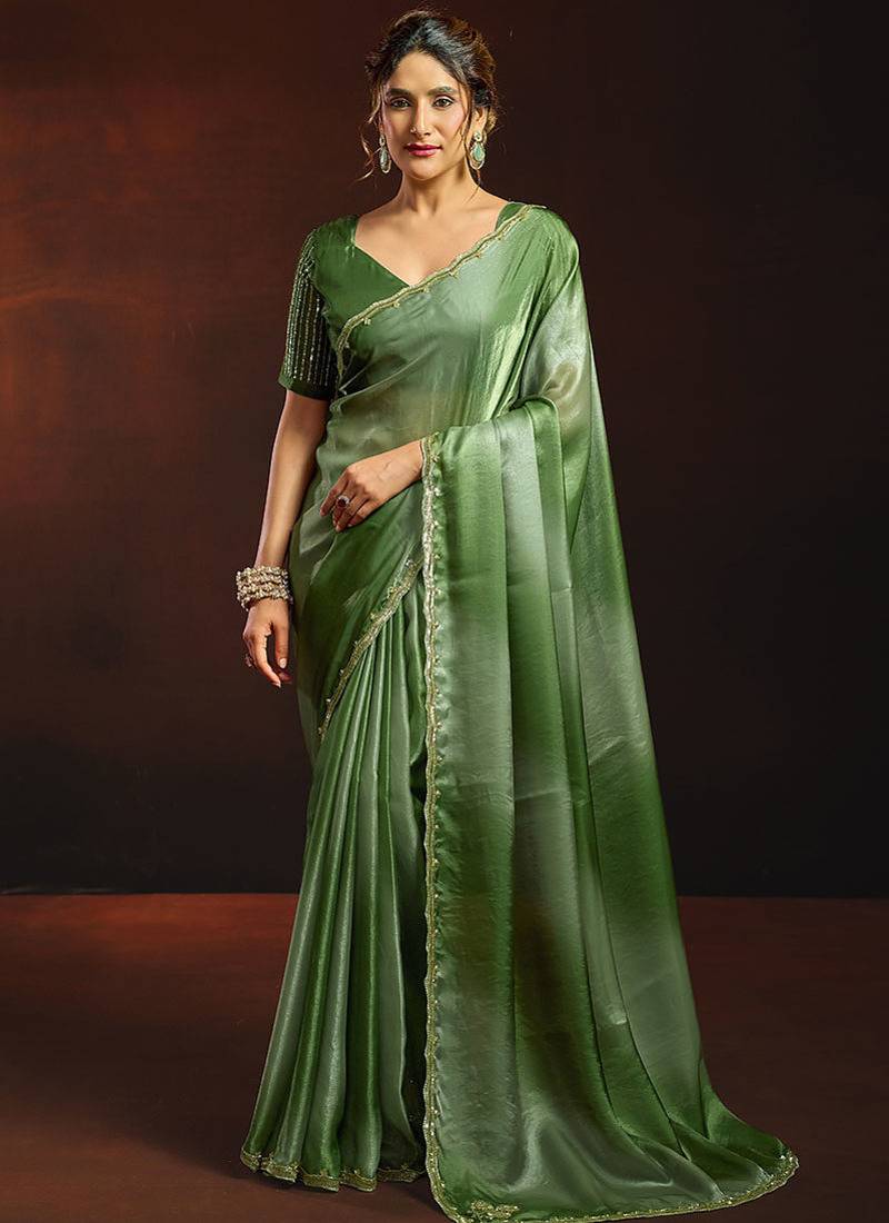 Shaded green satin beads work border party wear saree