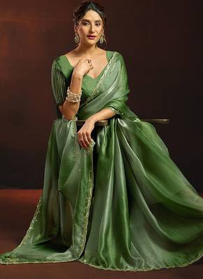 Shaded green satin beads work border party wear saree 2