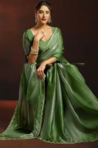 Shaded green satin beads work border party wear saree