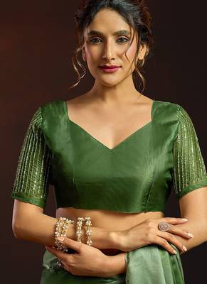Shaded green satin beads work border party wear saree 3