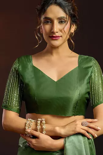 Shaded green satin beads work border party wear saree