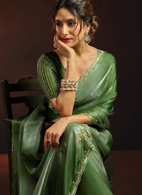 Shaded green satin beads work border party wear saree 4