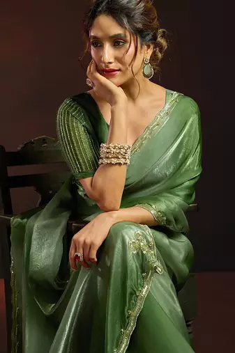 Shaded green satin beads work border party wear saree