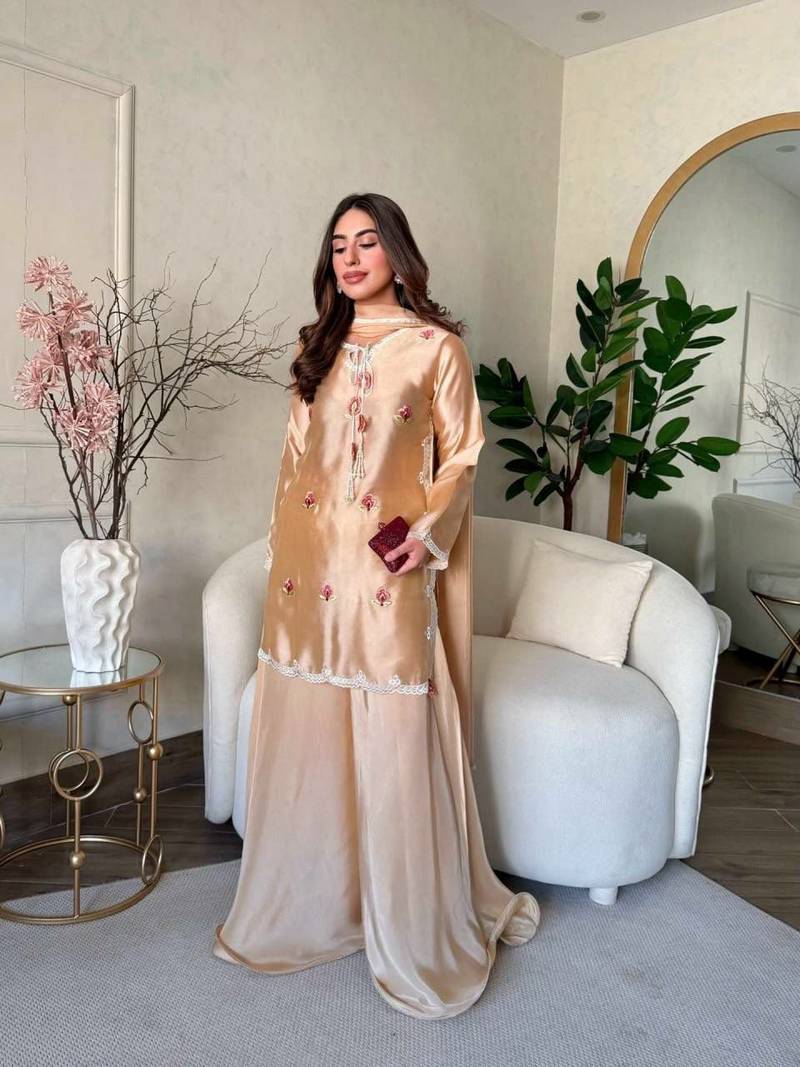 peach satin party wear top and palazzo set