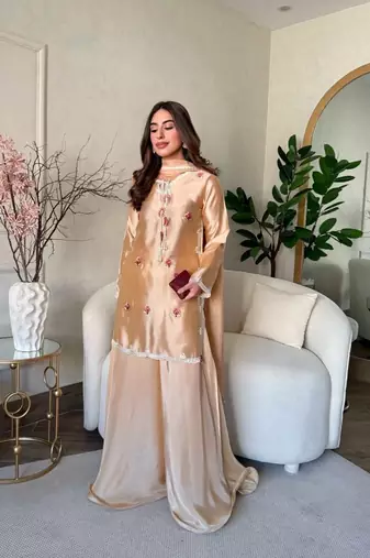 peach satin party wear top and palazzo set