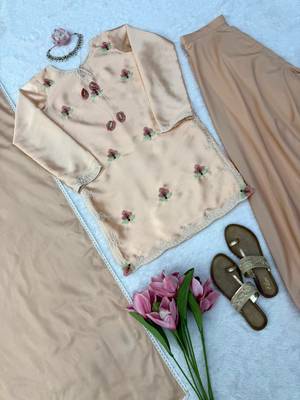 peach satin party wear top and palazzo set 2