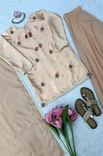 peach satin party wear top and palazzo set