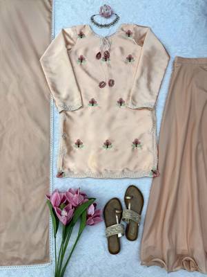 peach satin party wear top and palazzo set 3