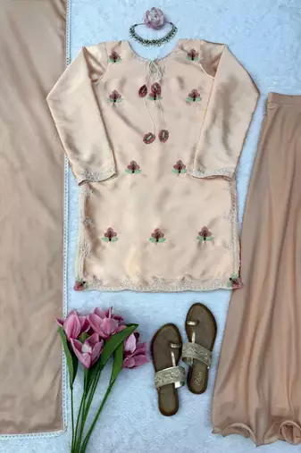 peach satin party wear top and palazzo set