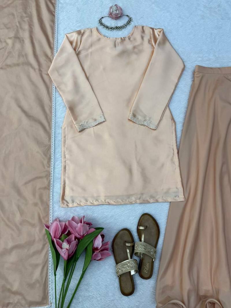 peach satin party wear top and palazzo set