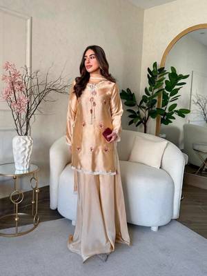 peach satin party wear top and palazzo set 5