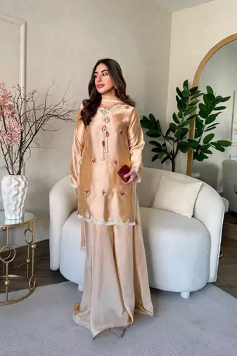 peach satin party wear top and palazzo set