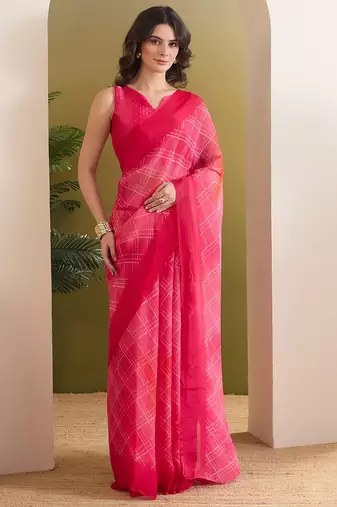 Satin checked print ready to wear saree