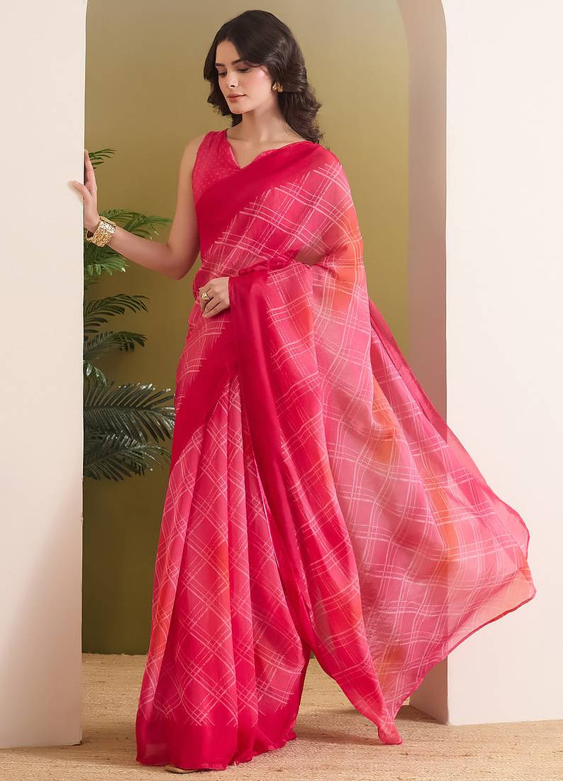 Satin checked print ready to wear saree