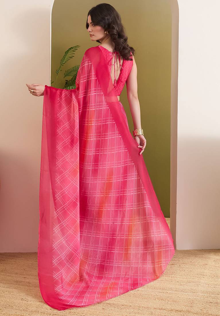 Satin checked print ready to wear saree